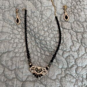 1928 Jewelry Black Bead Statement Necklace Set w Earrings